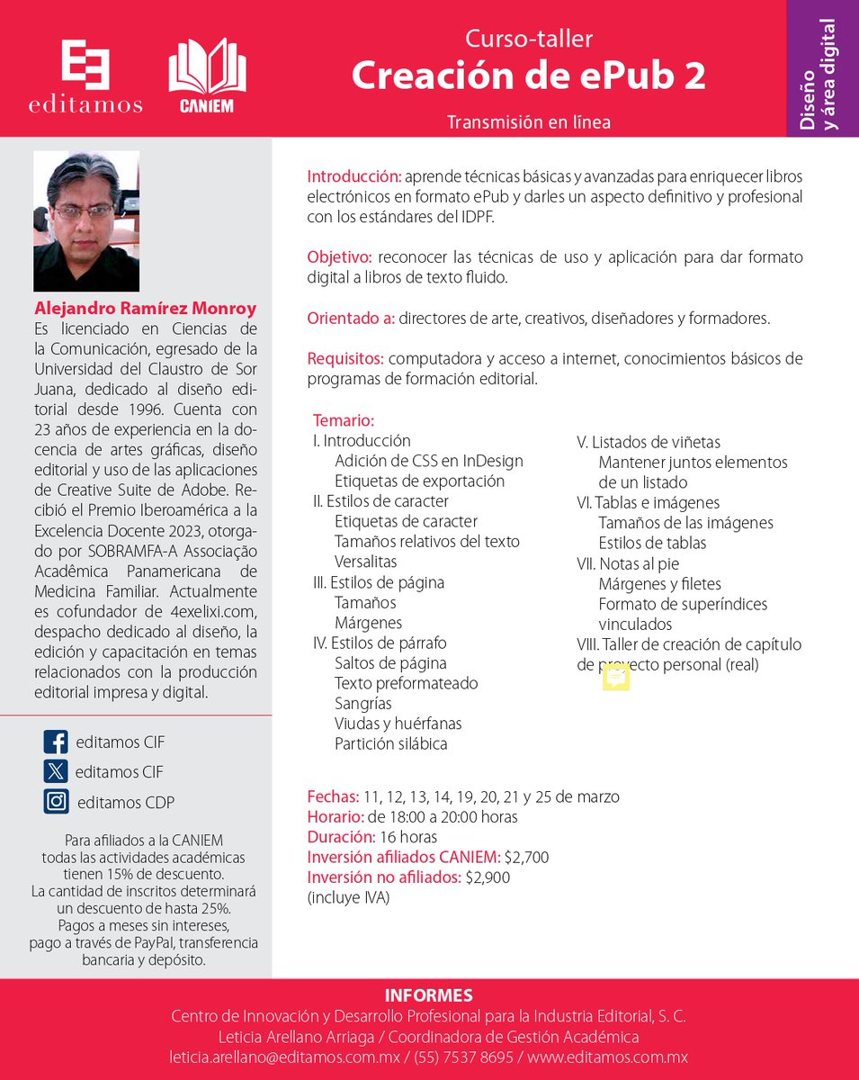 📚 Únete a nuestro Curso-Taller de "Creación de ePub2" y conviértete en un experto en la edición de libros electrónicos. 📱

Para más información e inscribirte escríbenos a:
📧 leticia.arellano@editamos.com.mx
📞 5575378695
🌐 editamos.com.mx
#ePub #EdiciónDigital