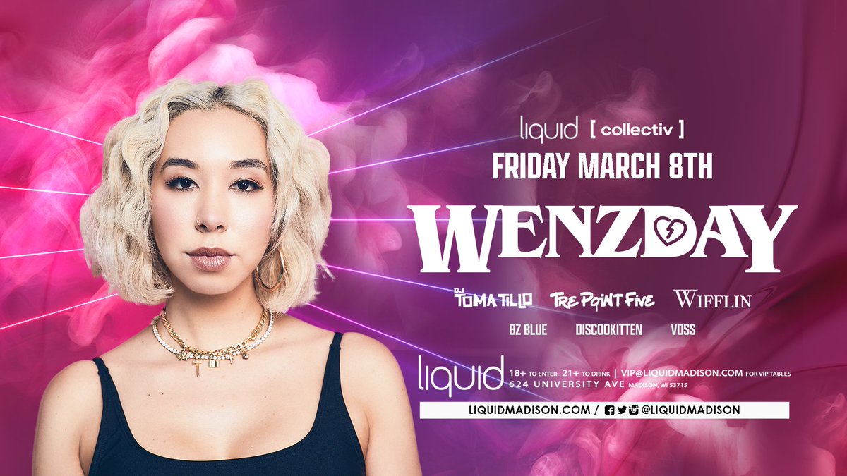 Friday 3/8 🔊🏠 Wenzday 🔊🏠 RSVP for Free 21+ Entry (link below) while supplies last! Two Stages of Loaded Local Support : Wifflin : Tre Pointfive : discookitten : Tommy Tee b2b Harrison James Silvers : BZ Blue : VOSS 🎟️ liquidevents.link/wenzday