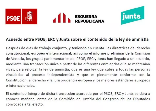 Impresionante ver el sello del PSOE junto al de los beneficiarios Junts y ERC en un acuerdo que amnistía a "TODAS las personas vinculadas al proceso independentista" sea cual sea el delito cometido incluidos los perpetrados contra los contribuyentes y bienes públicos