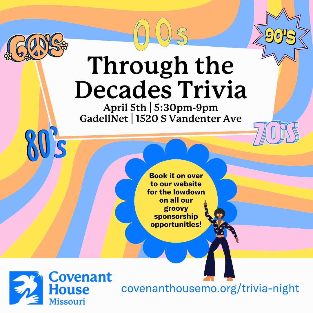 covenanthousemo's tweet photo. Would you do CHMO a solid and book it on over to our website to get the lowdown on all our groovy Through the Decades Trivia sponsorship opportunities?

Catch the skinny on trivia night by visiting https://t.co/6b6BZfHc2v or reach out to Stacey: skrieg@covenanthousemo.org. https://t.co/Mkjwr8HhQJ