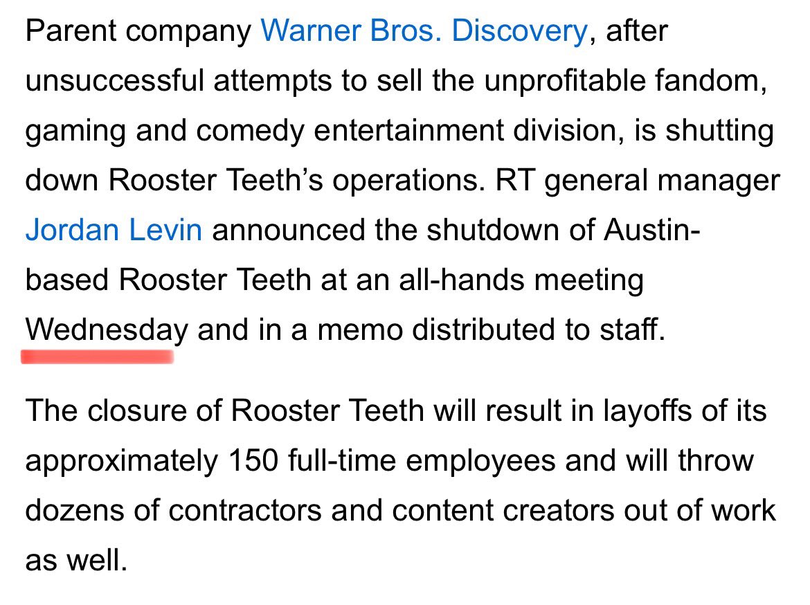 So like, Rooster Teeth staff were told they were shutting down like only a few hours before the fact? That’s so fucked, man.