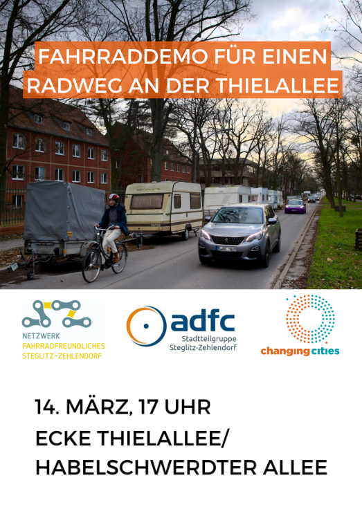 Wir rufen gemeinsam mit @radbezirk_sz zur Demo für einen sicheren Radweg in der #Thielallee auf. Wann: #b1403 um 17:00 Uhr Wo: Thielallee/ Habelschwerdter Allee Kommt zahlreich und setzt euch für sichere Wege zur Kita, Schule und Uni ein. @ADFC_Berlin @CCitiesOrg