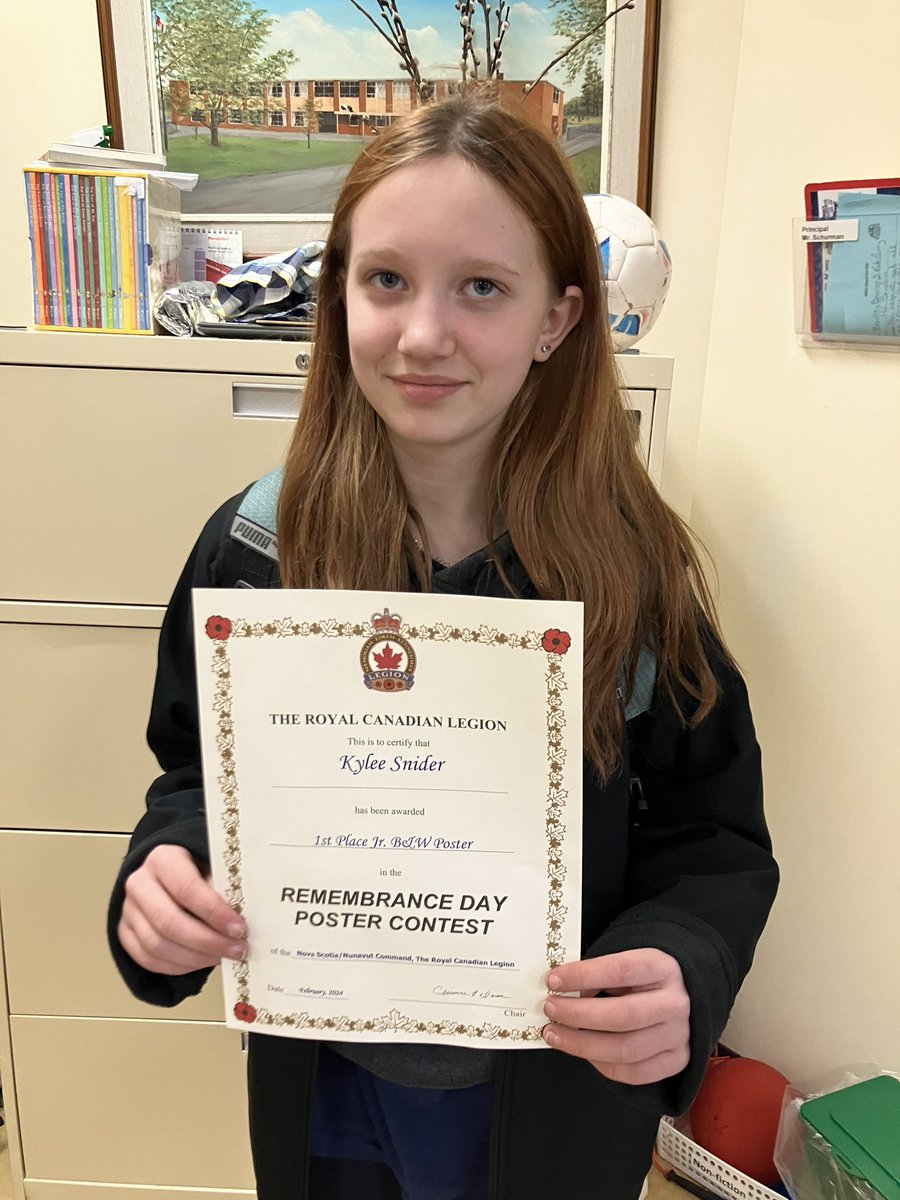 Congrats to Kylee who won 1st Place Jr Black & White Poster Award for NS on behalf of the Royal Canadian Legion . Her poster now goes to nationals! We were told this is the first time in 22 years that someone from our Legion’s branch has made it this far! Way to go! @AVRCE_NS