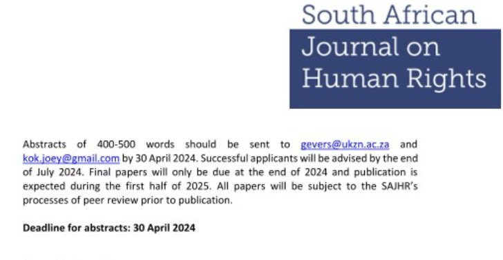 Call for abstracts, special issue of @SAJHR_ZA ‘South African Journal on Human Rights’ - “International Law, the Global South and the question of Palestine”. Eds, ET Achiume, @4noura & @ChristopherGvrs (Cc @VictorKattan @Alonso_GD @luigidaniele10 )