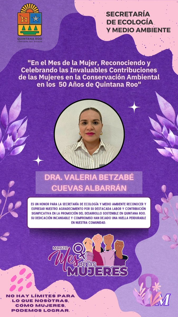 En el marco de la conmemoración del #DíaInternacionaldelaMujer, deseamos destacar el valioso trabajo de la Dra. Valeria Betzabé Cuevas Albarrán en el campo de la conservación ambiental.