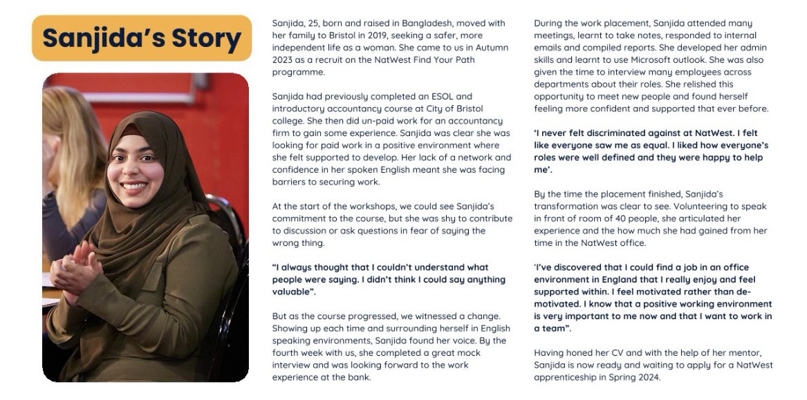 we soon welcome our cohorts to their Find Your Path journey via  <a href="/YouthLinkScot/">YouthLink Scotland</a>  <a href="/InspireEBP/">Inspire EBP</a> equipping 16-24 yr olds not in education, employment or training with skills, work experience and confidence building . Here’s Sanjida’s story who joined in ‘23 <a href="/AblazeBristol/">Ablaze</a> #NCW2024