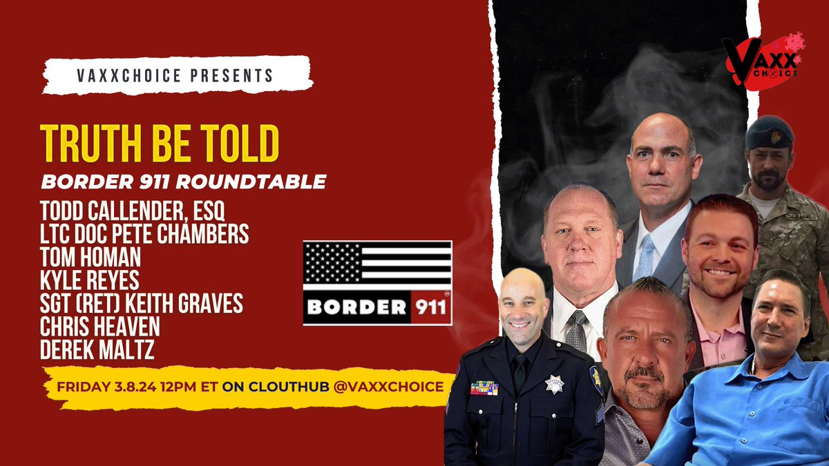 The #Border911 team is coming to you for a can't-miss roundtable on 3/8! Hear directly from Todd Callender, Doc Pete Chambers, Tom Homan, Kyle Reyes, Keith Graves SGT, Chris Heaven, and Sheriff Mark Lamb