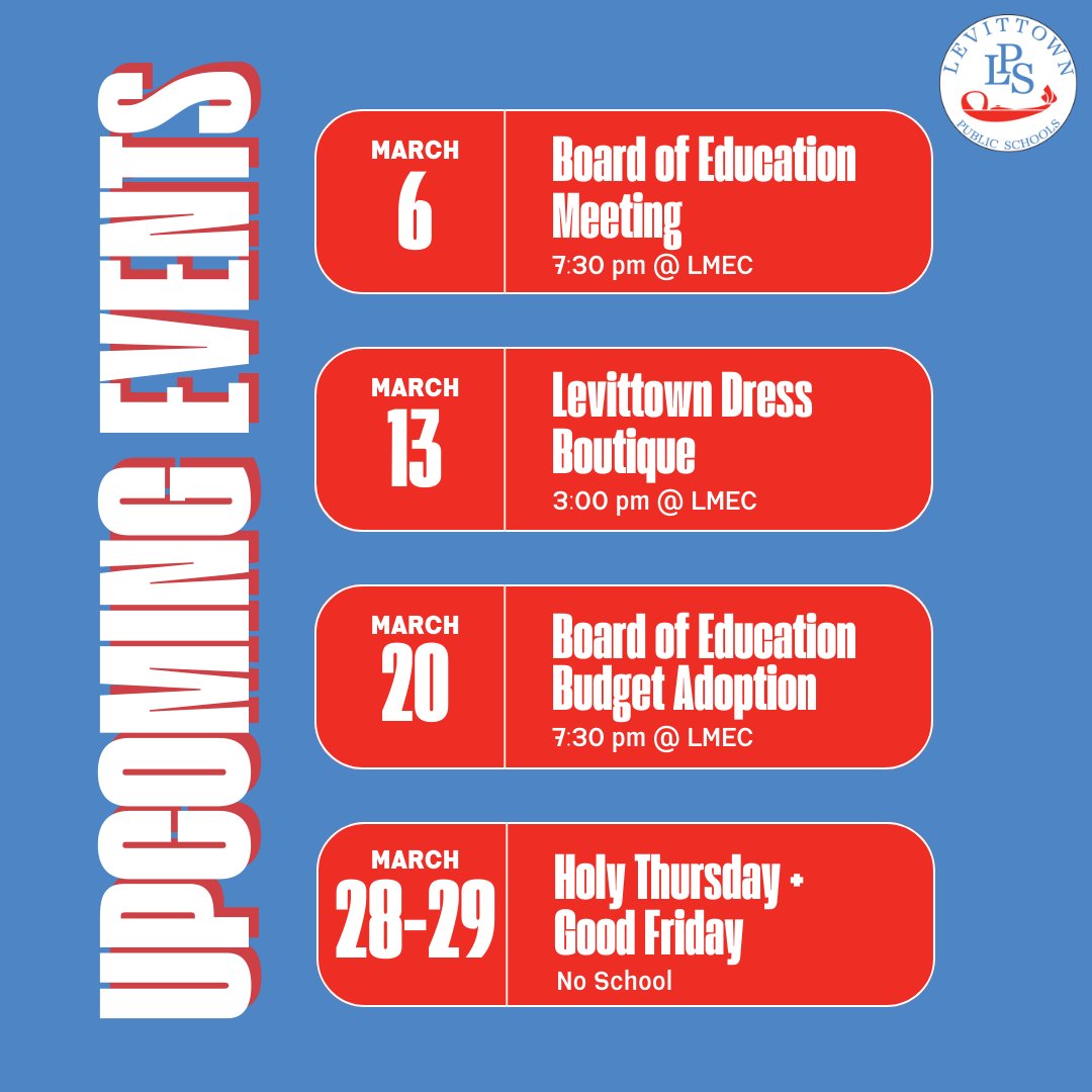 It's a busy month in Levittown Schools! Also upcoming are theater productions from talented performers at @MacArthur_HS and @Division_HS! #SuccessAtLPS
