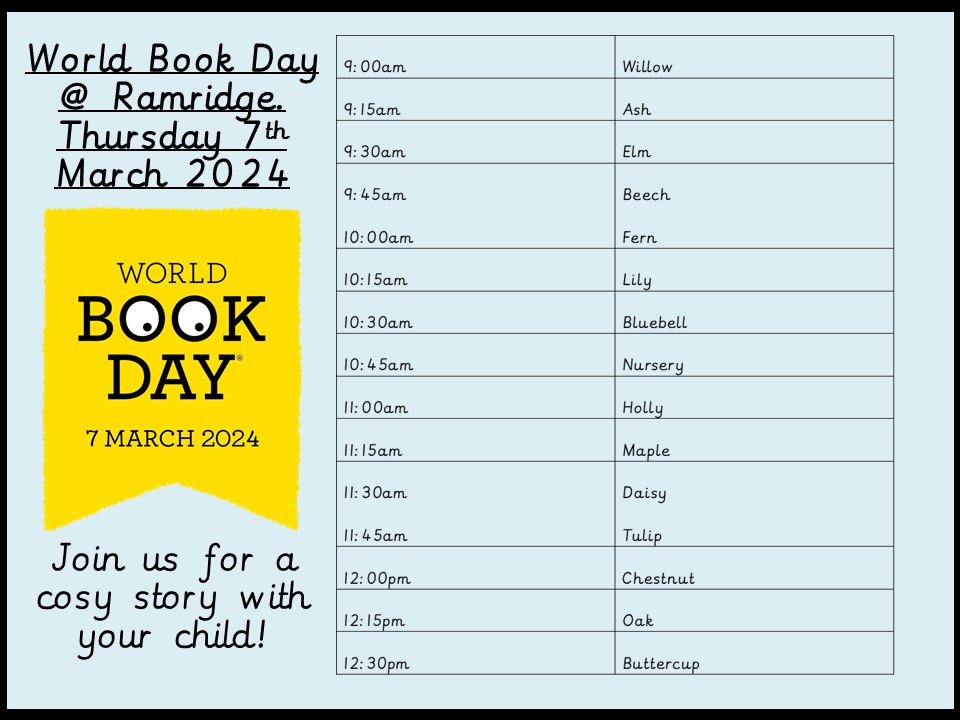 RamridgePrimary's tweet photo. Join us tomorrow for our wonderful @WorldBookDayUK event tomorrow #readingforpleasure https://t.co/XigyYD98g3
