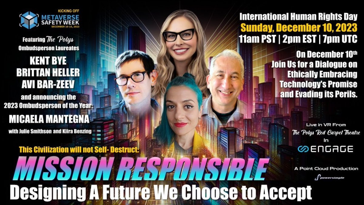 Here's a recording of a panel discussion on XR Ethics from December 10, 2023 featuring all four of the Polys @WebXRAwards Winners of the Ombudsperson of the Year award: @kentbye (2020), Avi Bar-Zeev (2021), @brittanheller (2022), and @abogamers (2023). voicesofvr.com/1354-mission-r…