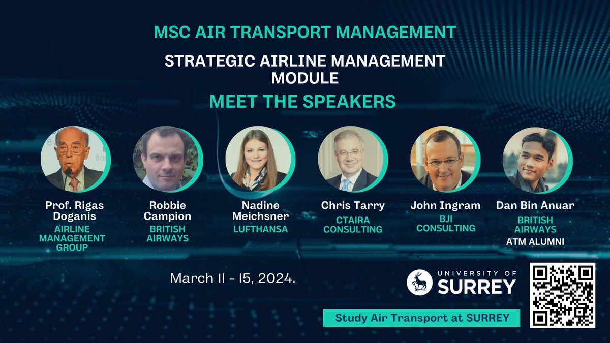 SHTMatSurrey's tweet photo. The Air Transport Management Programme is delighted to be hosting an exceptional series of guest lectures as part of our #Strategic #Airline Management module, led by Dr Frankie O'Connell. A unique opportunity to learn from industry-leading experts. #TRANSPORTatSURREY #SHTM https://t.co/C9rJJKeTjk