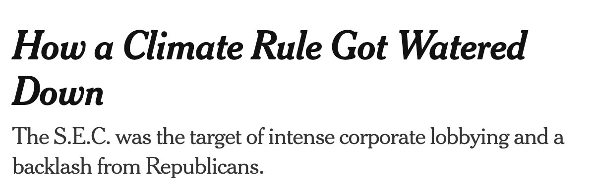 Scott_Wiener's tweet photo. The SEC gave in to corporate lobbying to significantly water down what had been a landmark climate disclosure rule.

Given the SEC’s failure, the California carbon disclosure law I authored (SB 253) takes on added importance — we must defend it &amp; ensure it gets implemented. https://t.co/N4XQlBgj68