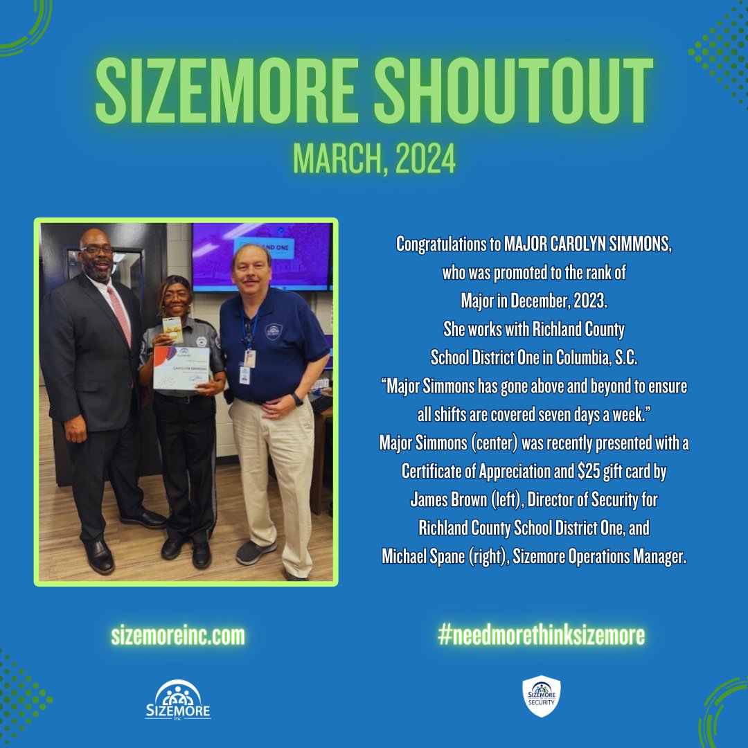 Congratulations to Major Simmons! #sizemore #sizemoreinc #sizemoreshoutout #sizemorejobs #needmorethinksizemore #security #staffing #janitorial