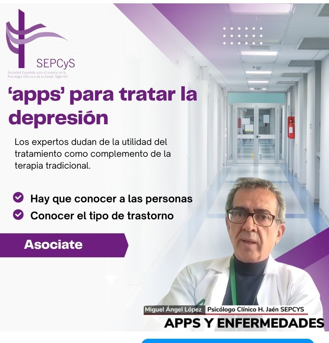 APP para tratar la depresión.  Miembro de la Sociedad Española de Psicología Clínica y de la Salud (SEPCyS). Duda de la eficacia de las apps para curar la depresión pudiendo resultar confusas y frustrantes las app para los pacientes.
#psicología #sanidad #congreso #salud #mente