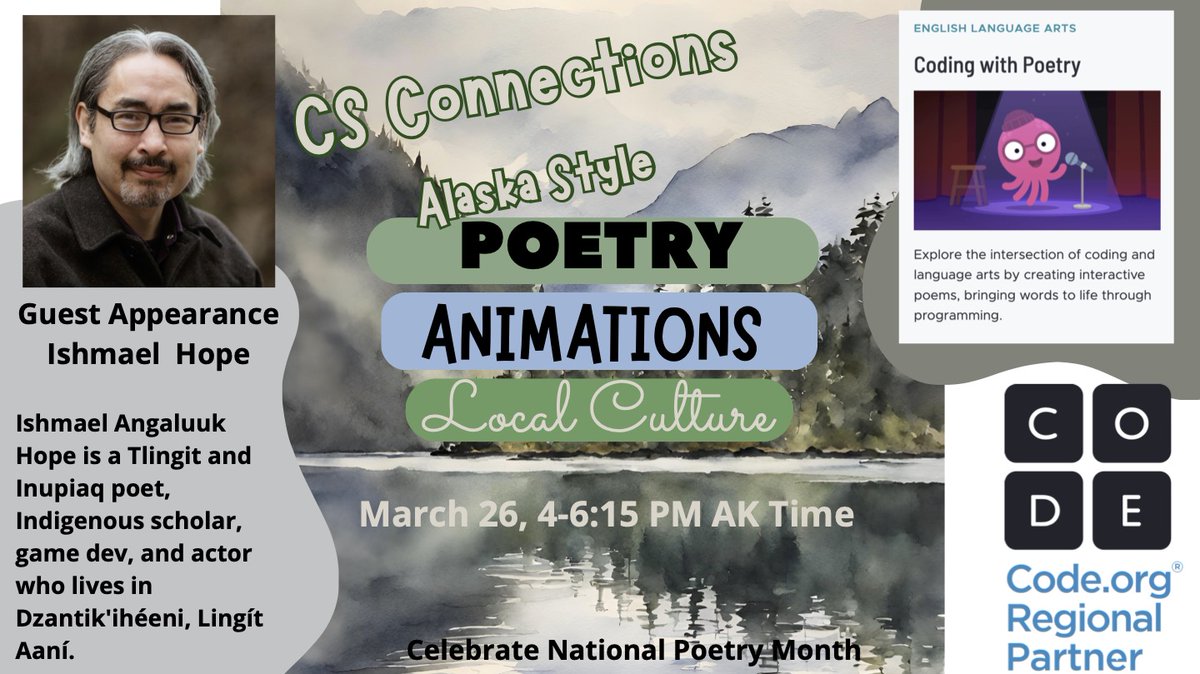 Ts join us March 26, Poetry and Coding Really for 2-8th grade teachers Get ready for National Poetry Month @AlaskaDEED @AlaskaCSTA @TeachCode @naipi @ACSAASDN Enroll here studio.code.org/pd/workshops/1…