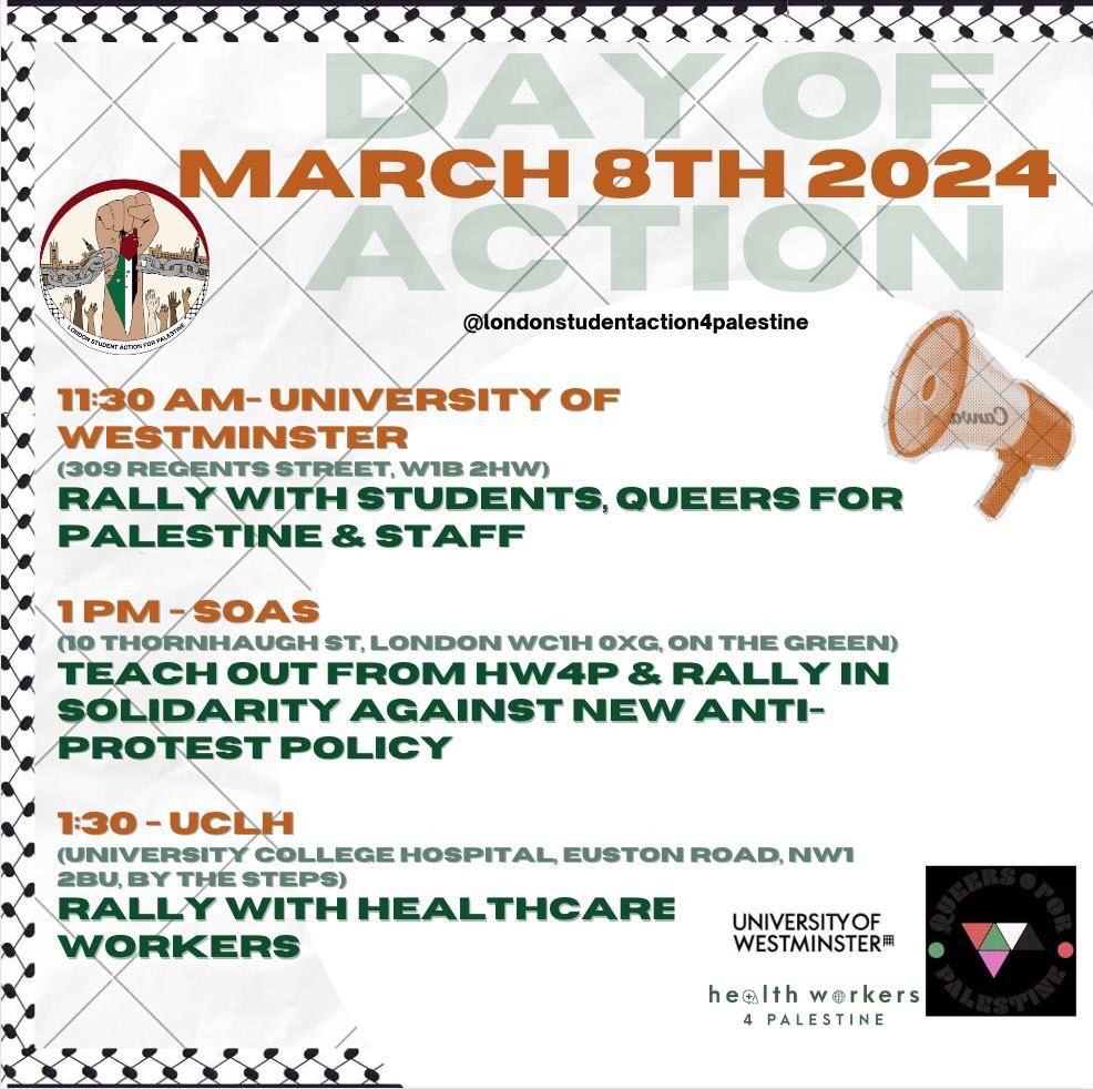 This year we're responding to the call for solidarity of our sisters in Gaza & joining the #IWD2024 workplace day of action. Join us in the Strand (midday) & at KCLH (5pm). We'll also march to SOAS & UCLH with students @UCW4Pal & @healthW4pal #OneOfUsAllOfUs everyone, everywhere!