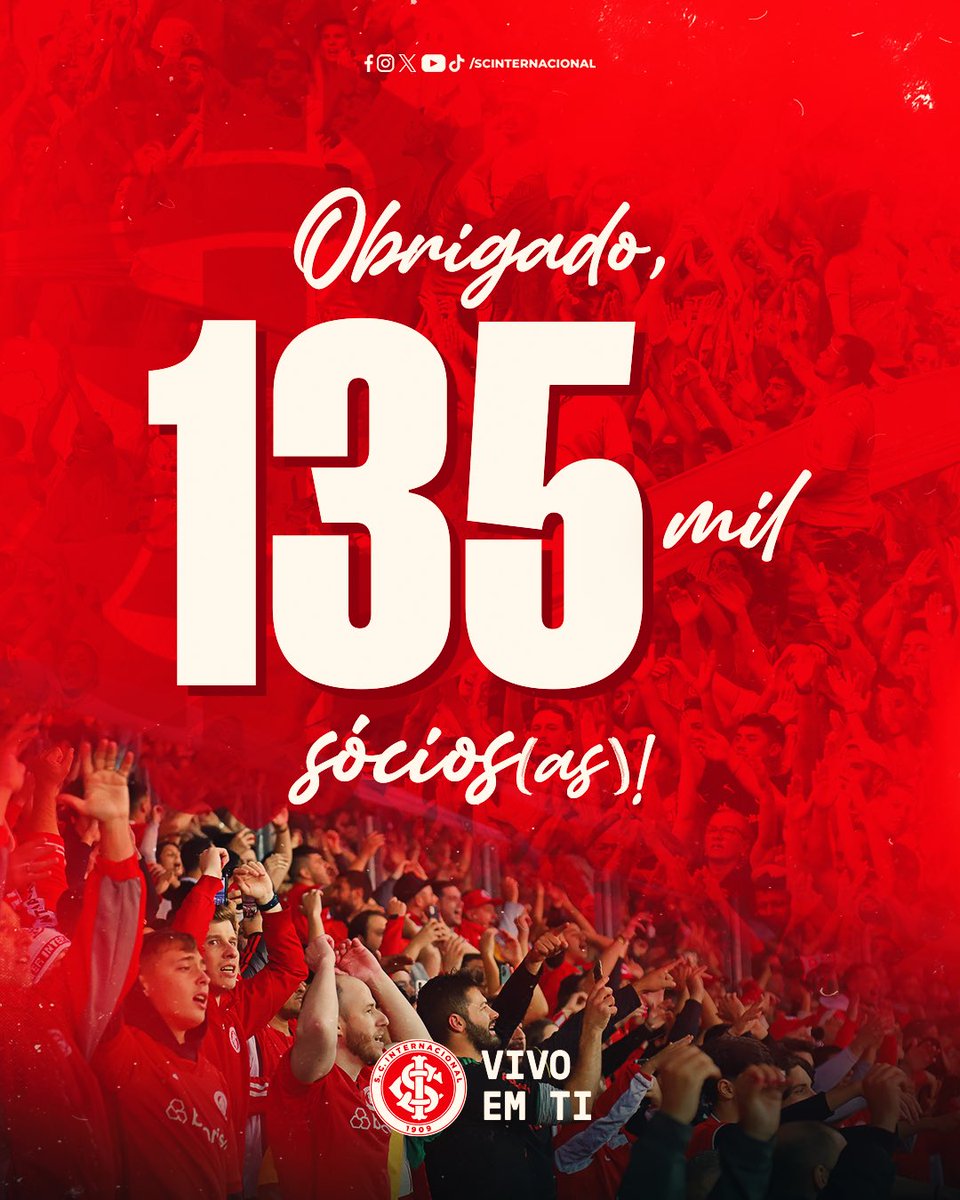 SCInternacional's tweet photo. 𝑯𝒊𝒔𝒕𝒐́𝒓𝒊𝒄𝒐! 🪪🇦🇹

Graças ao apoio da torcida colorada, o Clube do Povo alcançou a marca de 135 mil sócios(as), um feito inédito no seu quadro associativo. 😯🤩

𝐉𝐮𝐧𝐭𝐨𝐬, 𝐯𝐚𝐦𝐨𝐬 𝐫𝐮𝐦𝐨 𝐚𝐨𝐬 𝟏𝟓𝟎 𝐦𝐢𝐥! 🫶🚀

🔗 Saiba mais! https://t.co/AaPklRmN48 https://t.co/WSaHlDWBe6