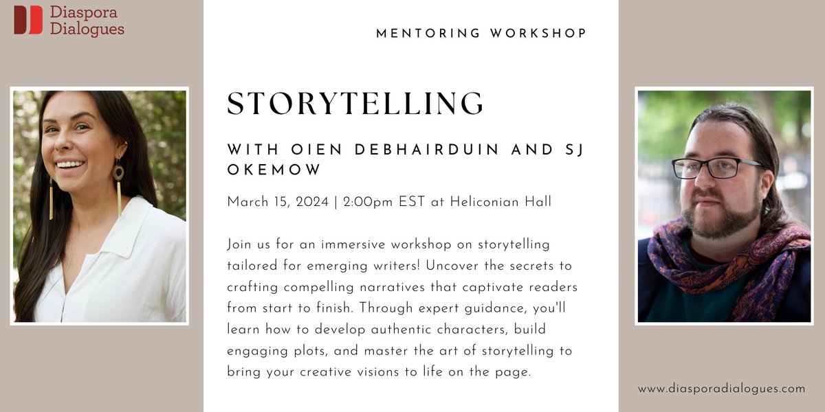 Join us on March 15 at Heliconian Hall for a series of engaging mentoring workshops! First up, we have Storytelling led by Oien Debhairduin and SJ Okemow. Uncover the secrets to crafting compelling narratives that captivate readers from start to finish! eventbrite.ca/e/mentoring-wo…