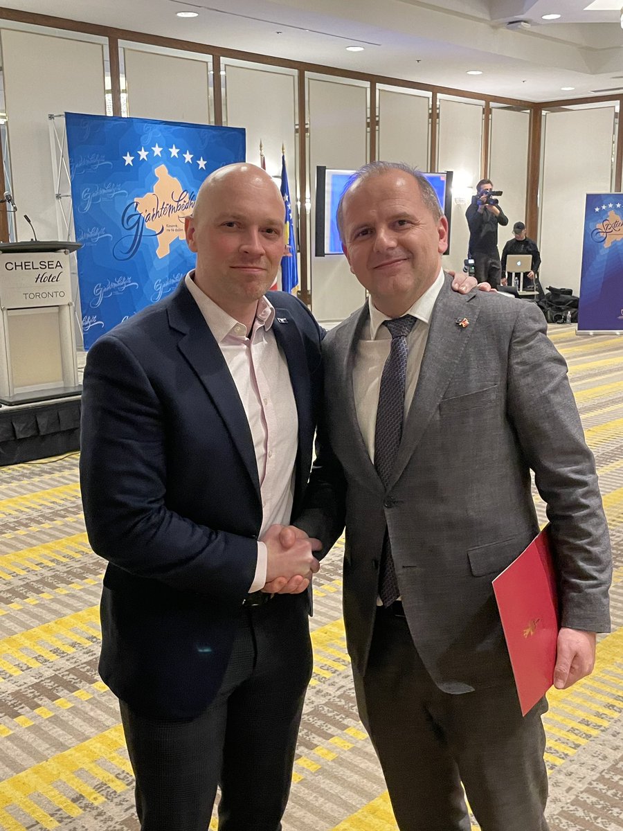 BradMBradford's tweet photo. It was wonderful to spend time with leaders from the Kosovo and Albanian communities. 

To commemorate Kosovo’s Independence Day, these communities presented us with traditional folk dance and other incredible musical performances. 

This was also an opportunity to recognize the accomplishments of Art Eggleton, who was the Minister of National Defence at the time of the 1999 Kosovo conflict. 

Thank you for welcoming me to your big celebration 🇽🇰🇦🇱