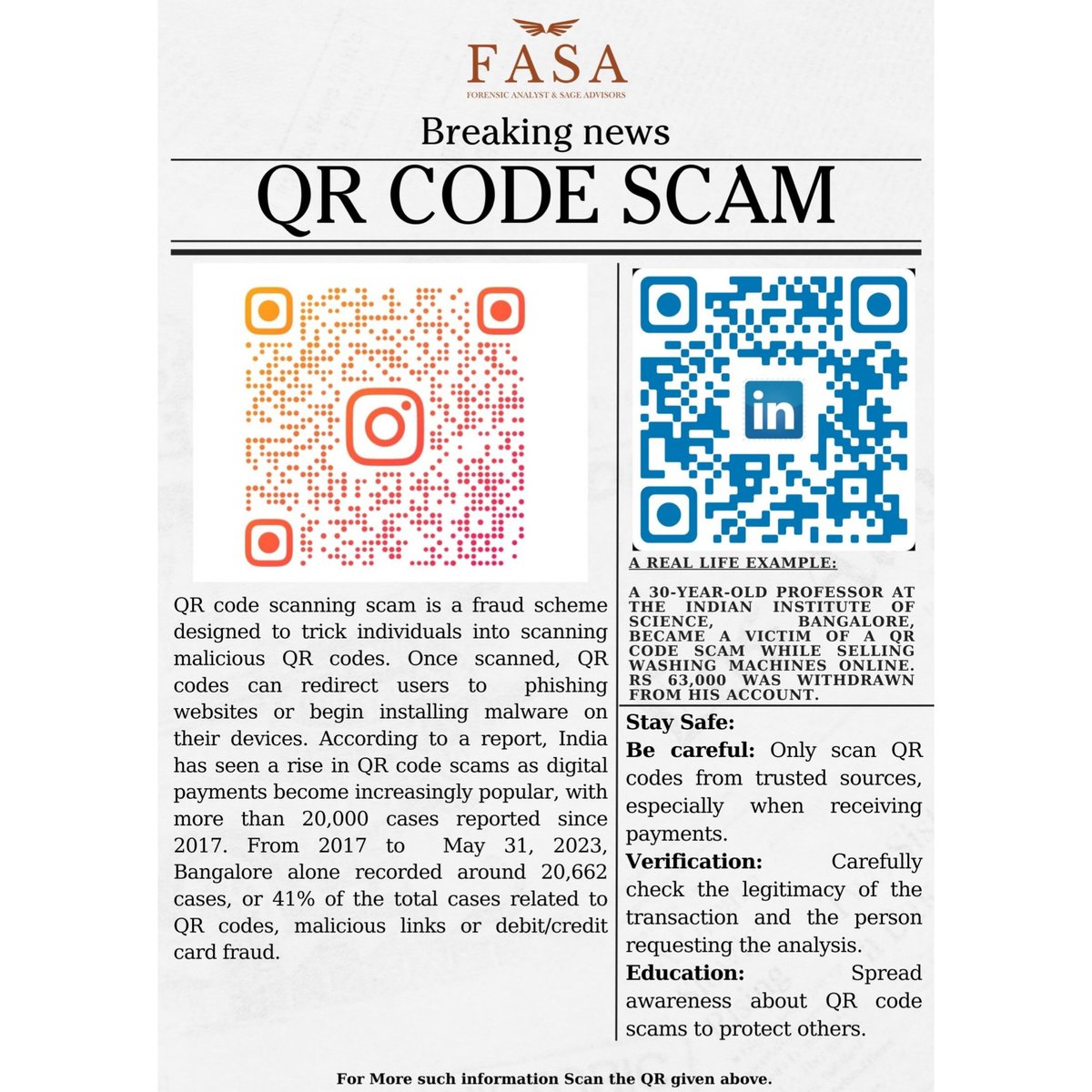 FasaAdvisory's tweet photo. Beware of QR Code Scams: Think Before You Scan!! 

#ScamAlert #scamming #fraudprevention #frauddetection https://t.co/WkNs9iPALi