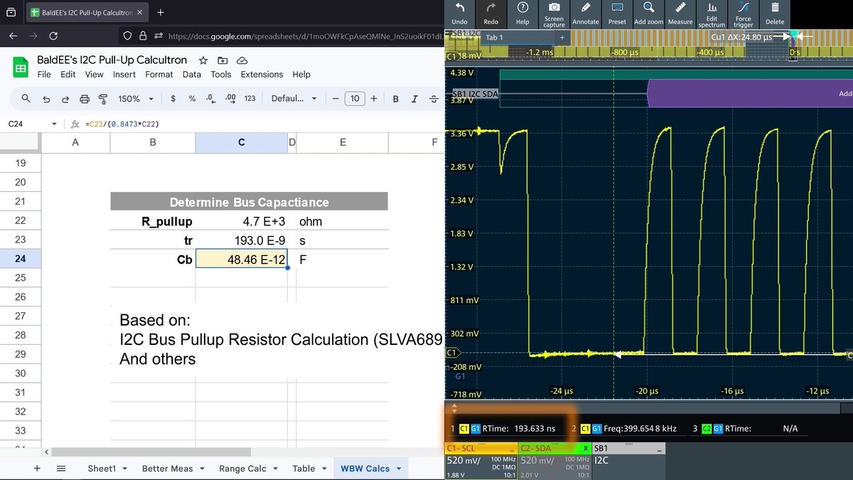 baldengineer's tweet image. Calculating I2C Pull-Up resistors requires knowing the bus capacitance. Here&apos;s why AND what to do when you don&apos;t know that value. (Spoiler: Use an oscilloscope to measure/verify it.)