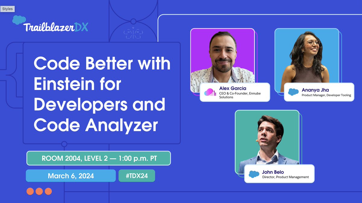 🕐 Starting in 1 hour at #TDX24: Discover how to streamline code generation and validation right from your IDE. Don't miss the upcoming 'Code Better with Einstein for Developers and Code Analyzer' session: ➡️ sforce.co/3v3fMCP #DeveloperTools