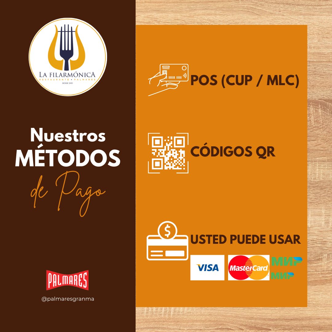 En nuestro #restaurante La Filarmónica,trabajamos pensando en usted 🥰
¿Conoces nuestro #mediosdepago? 👇👇👇
#palmaresgranma
#proteccionalconsumidor
#solucionesempresariales
#simplementejuntos
#CubaUnica