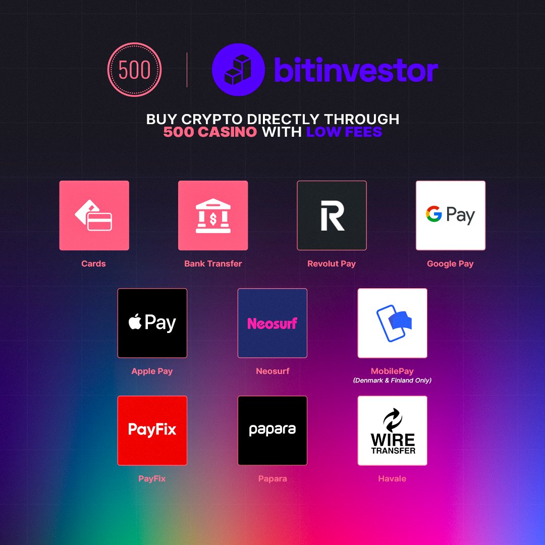 500 Casino has integrated Bitinvestor and added a new 'Buy Crypto' tab under Cashier. You can now buy crypto through a large variety of different payment providers with low fees 🔥 Check it out here 👇 500.casino/deposit