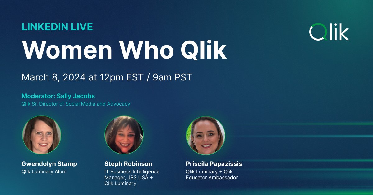 Celebrate #IWD this Friday by joining us for #WomenWhoQlik – a LinkedIn Live discussion exploring the experiences and successes of innovative women in data: Gwendolyn Stamp, Stephanie Robinson and Priscila Papazissis. RSVP now: bit.ly/3Tmv3rI