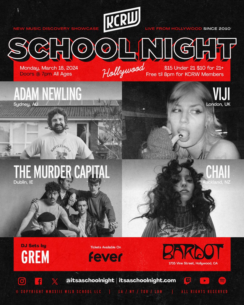 School Night (@itsaschoolnight) on Twitter photo LA, this just in, your March 18th lineup is here! Join us at <a href="/Bardot_Hllywd/">Bardot</a> for live performances from <a href="/AdamNewling/">Adam Newling</a>, Viji, <a href="/MurderCapital_/">The Murder Capital</a>, and <a href="/chaii_music/">chaii_music</a>. Plus DJ sets by Grem! Tix here: feverup.com/m/150071 LA, this just in, your March 18th lineup is here! Join us at <a href="/Bardot_Hllywd/">Bardot</a> for live performances from <a href="/AdamNewling/">Adam Newling</a>, Viji, <a href="/MurderCapital_/">The Murder Capital</a>, and <a href="/chaii_music/">chaii_music</a>. Plus DJ sets by Grem! Tix here: feverup.com/m/150071