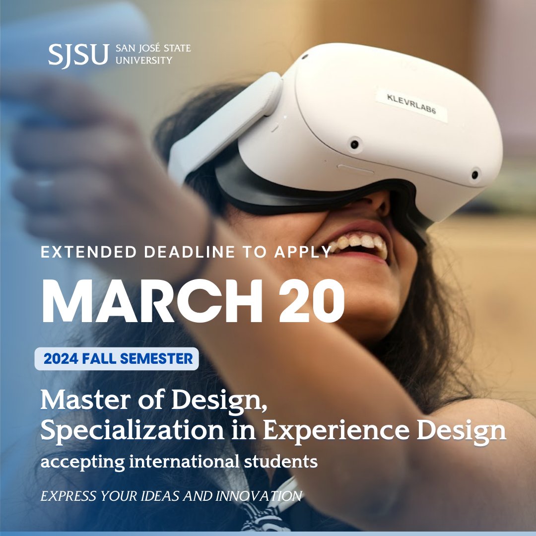 sjsu_pro's tweet image. The deadline to apply for the Master of Design, Specialization in Experience Design has been extended! Apply before March 20, 2024. #designschool #SJSU
okt.to/meY7RD?