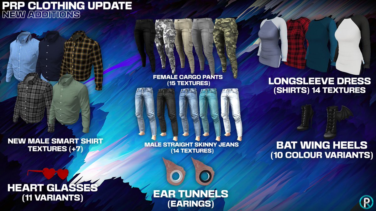 Production__RP's tweet image. 🧥🩳 New #ProductionRP clothing update dropping now!

- New Male Smart Shirt Textures (7+) 👕
- Heart Glasses (11 Variants) 🕶️
- Female Cargo Pants (15 Textures) 👖
- Bat Wing Heels (10 colours) 👠

&amp;amp; Many More! 
Join us today @ productionrp.org to try these on yourself.