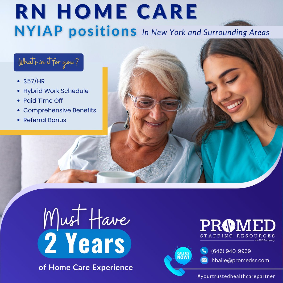 Desiring the ideal blend of remote and on-site #work? ProMed Staffing Resources has the perfect #opportunity for you! Connect with us today at hhaile@promedsr.com or call us at (646) 940-9939

#promedsr #staffingagency #visitingnurse #nursingagency #homehealthcare #hiringnow