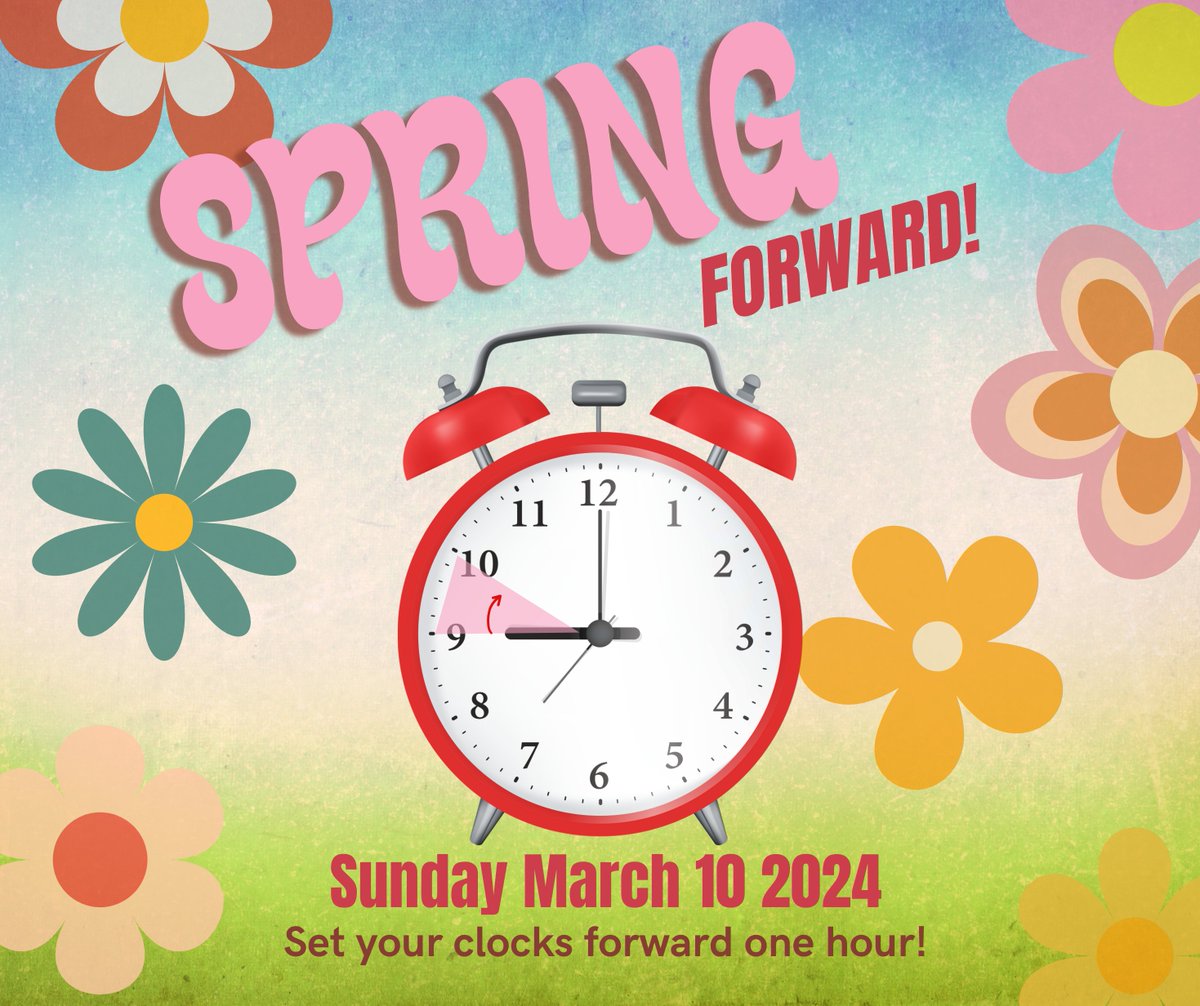 🕒 Don't forget to spring forward! ⏰ Daylight Saving Time begins tomorrow, so remember to set your clocks forward one hour before you go to bed Saturday night. Enjoy that extra hour of daylight! ☀️ #DaylightSavingTime #SpringForward #STSWR