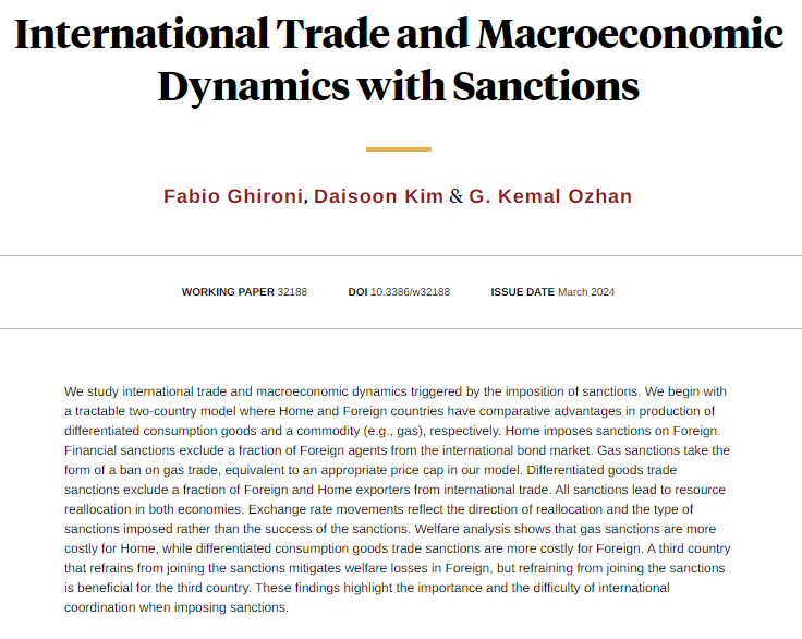 An analysis of the effects of imposing sanctions on a large economy with a comparative advantage in energy production in a model of international trade and macroeconomic dynamics, from <a href="/FabioGhironi/">Fabio Ghironi</a>, <a href="/DaisoonKim/">Daisoon Kim</a>, and <a href="/galipkemal/">G. Kemal Ozhan</a> nber.org/papers/w32188