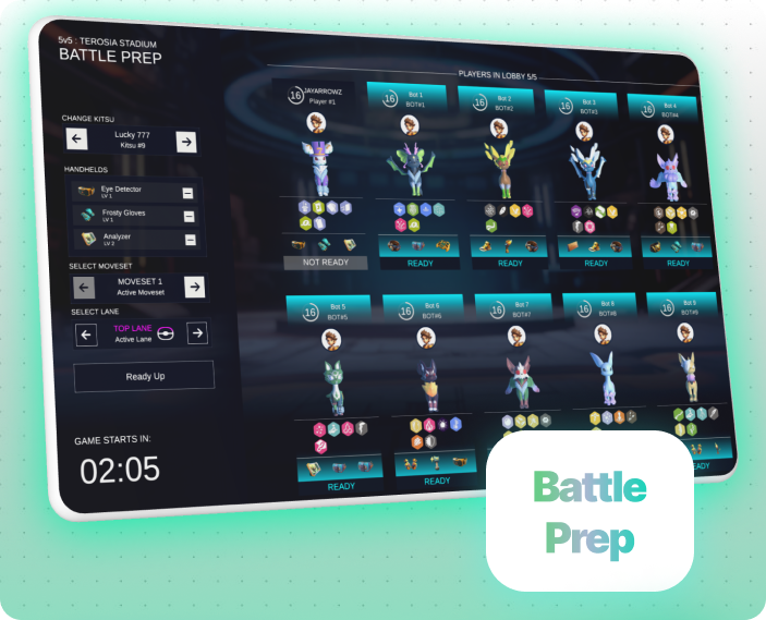 KitsumonWorld's tweet image. 🔮 Prepare for victory like never before! Introducing our pre-match lobby screen where you can fine-tune your strategy with Kitsu crystal load outs and handhelds. Team synergy just got a whole lot stronger  gear up for the ultimate battle advantage! 💥🎮 #GameFeature