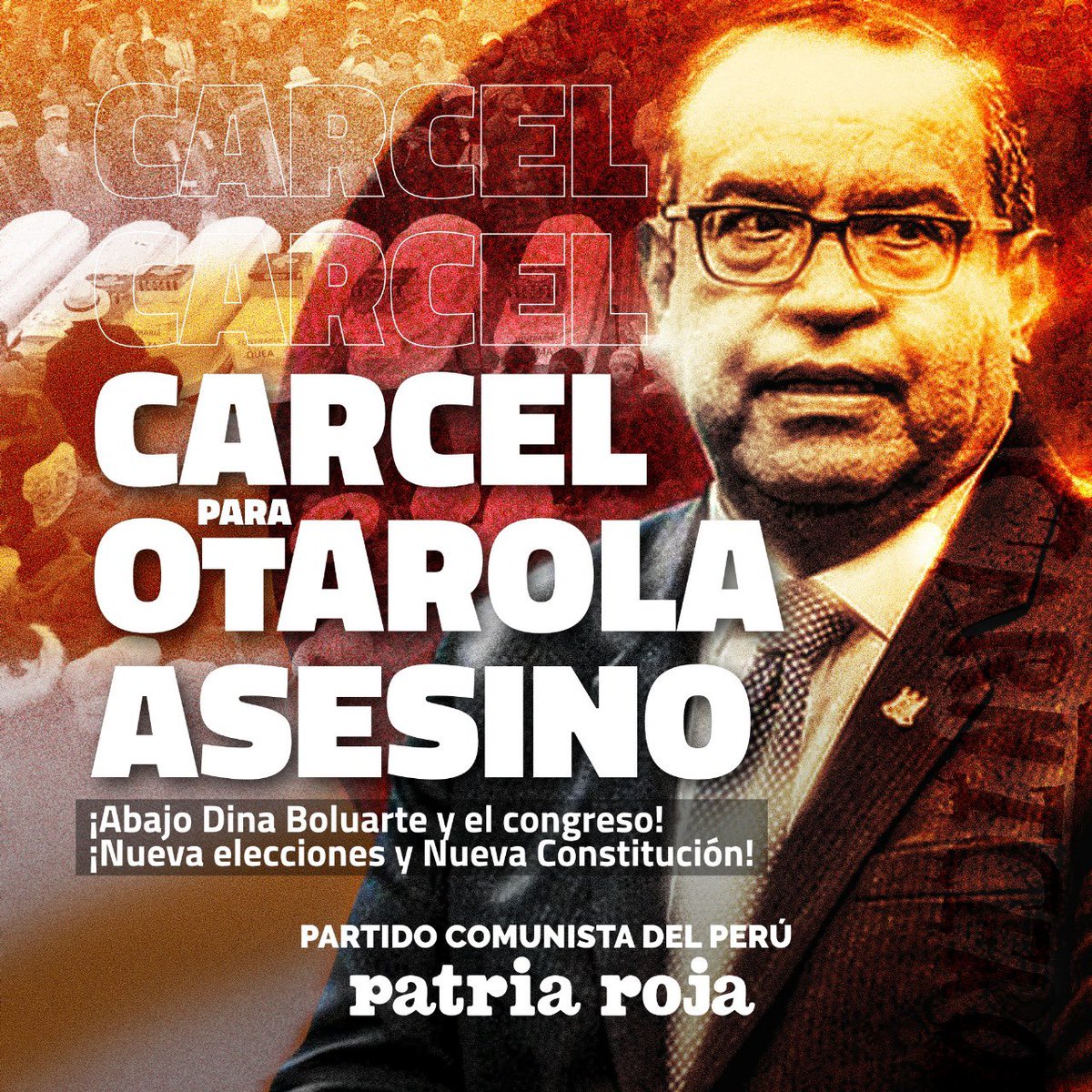 patriaroja's tweet photo. 🔴 #OtárolaAsesino | El señor Otárola, exprimer ministro de la dictadura de Dina Boluarte, se va a su casa por un escándalo personal, pero ¿dónde queda su responsabilidad por haber enviado a militares y policías a matar a más de 50 compatriotas? https://t.co/T1YHuShwKO