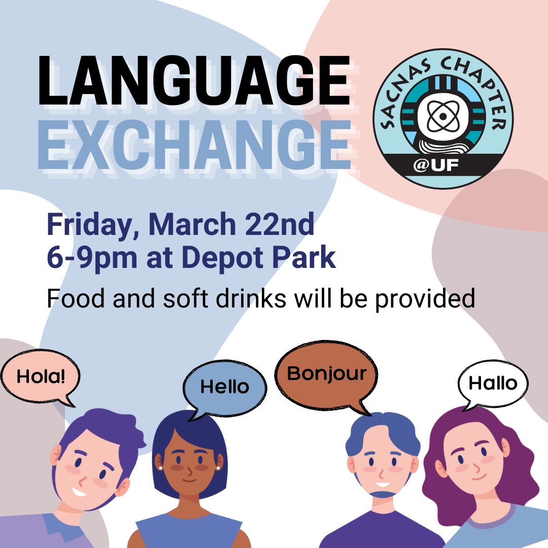 Join us for a fun-filled event to practice and learn new languages. Don't miss out our Language Exchange event! 🌟 Date: Friday, March 22nd Time: 6-9pm Location: Depot Park. See you there! #LanguageExchange #SACNAS 🌐📚