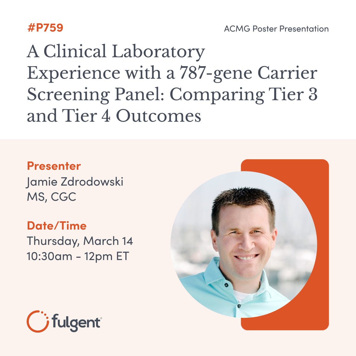 FulgentGenetics's tweet photo. #ACMGMtg24 is next week! Attendees interested in expanded #carrierscreening should check out poster #P759, “A Clinical Laboratory Experience with a 787-gene Carrier Screening Panel: Comparing Tier 3 and Tier 4 Outcomes,” presented by Jamie Zdrodowski, MS, CGC on 3/14. https://t.co/1WXDyOgBvN