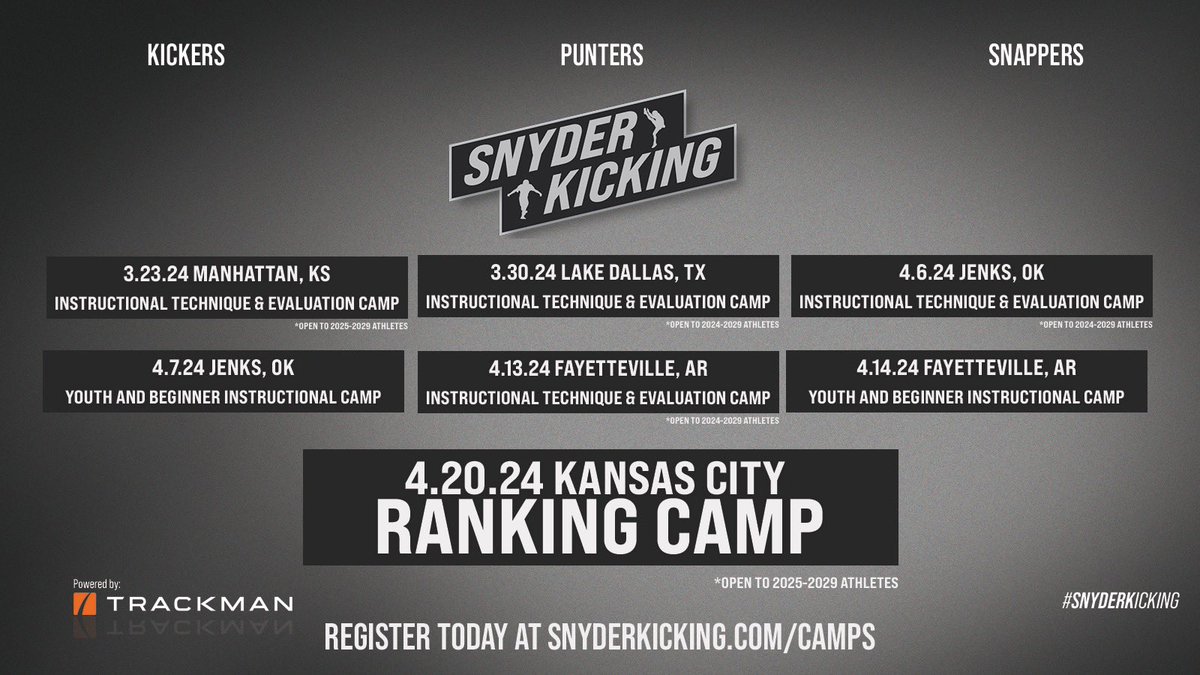 SnyderKicking's tweet photo. Upcoming Dates and Central Ranking camp using Trackman data.  28+ years coaching and evaluating specialist. 

https://t.co/yCuPgqZbcj
@punt_21
#snyderkicking https://t.co/G8N8demZEu