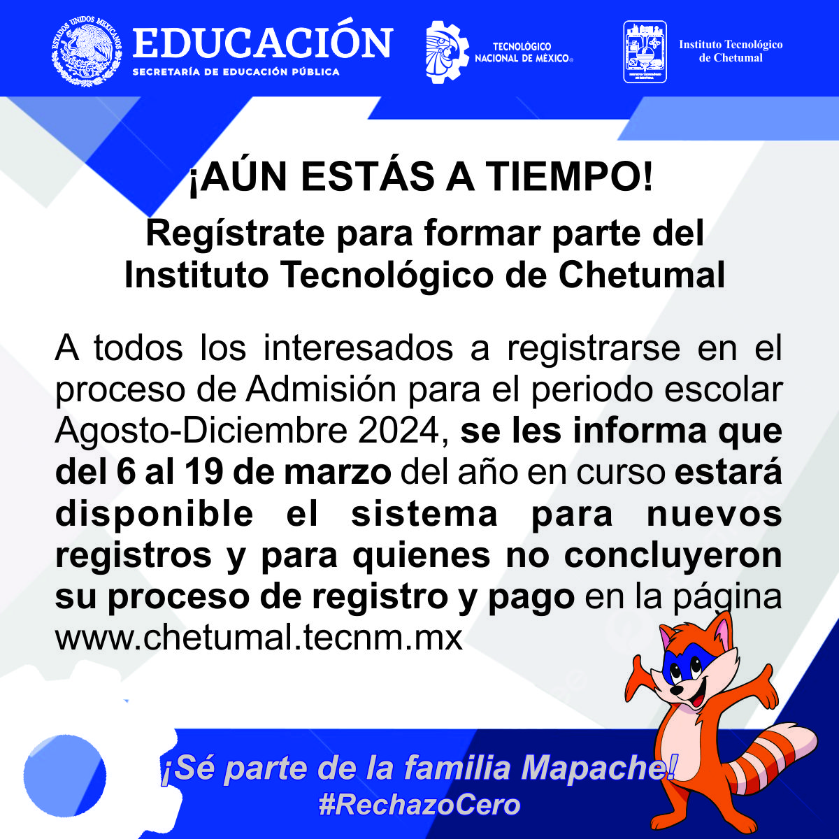 ¡AÚN ESTAS A TIEMPO!

Regístrate: bit.ly/3t9kZTa

¡Asegura tu futuro!

#RechazoCero
#MapachesDeCorazón