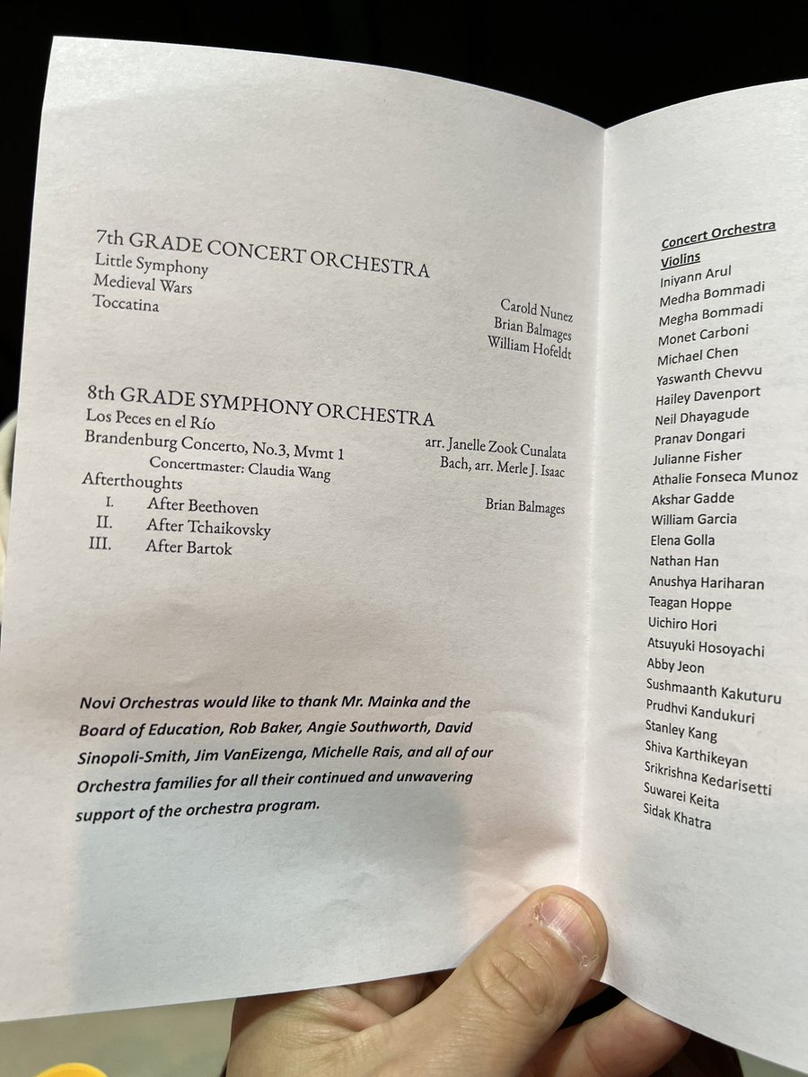 Way to go, 7th and 8th grade Orchestra musicians! 7th graders did great with their shifting and tackling a D minor key signature! 8th graders used dynamics and accents excellently. Shout out to 7th grader Emma Yu for our program art and 8th grader Claudia Wang as concertmaster.