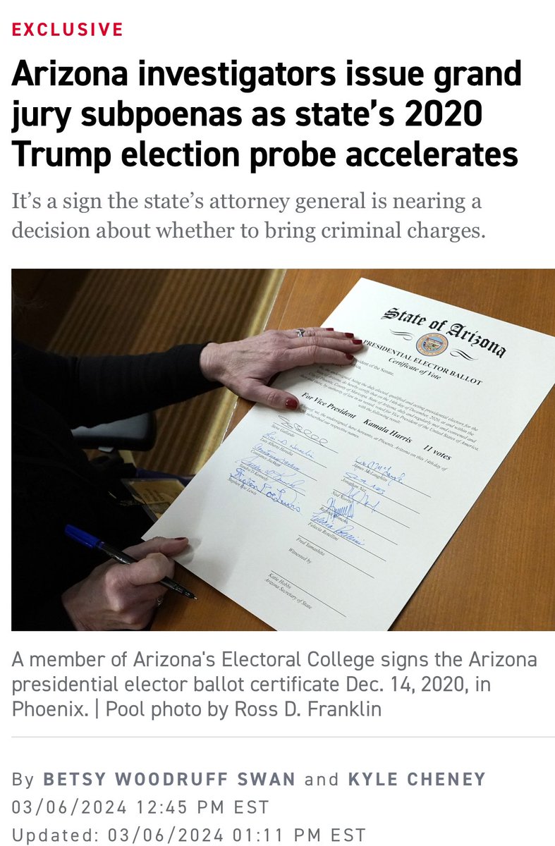 #ProudBlue #DemVoice1 Arizona prosecutors issued grand jury subpoenas to multiple people linked to Trump’s 2020 campaign, a sharp acceleration of their criminal investigation into efforts to overturn the election. It's a sign AG Kris Mayes is nearing a decision on whether to