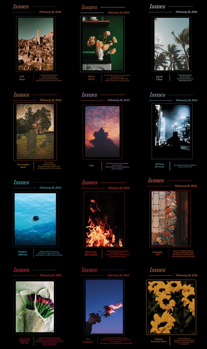 Lunarlizdesigns's tweet image. Issues was released February 18, 2014, recently celebrating ten years. Issues debut album went #9 on Billboard Charts

The Issues album that means the most to me and is my favorite record ever. 

Here's 12 posters for each song. 

#IssuesTheBand #GraphicDesign