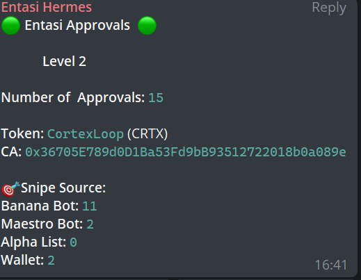 entasiBot's tweet photo. Our Pre approval tracker detected CortexLoop $CTRX 20 minutes before launch!
And our bots confirmed to be a sender!
Join us at: https://t.co/trWX8EFMt4
#entasibot #ctrx #ai #tracker #eth https://t.co/hgBFibajyE