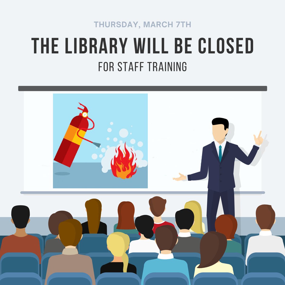MaywoodPubLib's tweet photo. Just a reminder that Thursday, March 7th, the library will be closed all day for staff training. We will re-open for normal operations on Friday, March 8th, at 9:00 a.m. We appreciate your understanding.  Our online services such as Hoopla and Kanopy are always available. https://t.co/34ihocFoYK