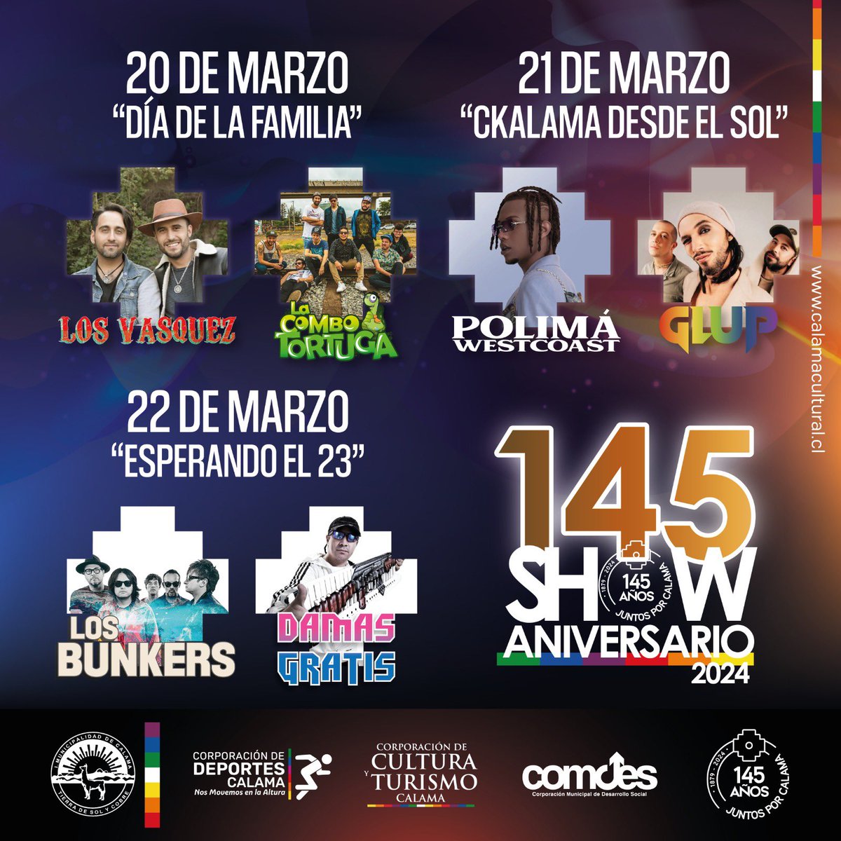 Todo Bunkers (@todobunkers) on Twitter photo Los Bunkers estarán presentes en el aniversario 145 de Calama, que se llevará a cabo los días 20, 21 y 22 de marzo en la exFinca San Juan con entrada completamente gratuita.
<a href="/Los_Bunkers/">Los Bunkers</a> <a href="/municipiocalama/">Municipalidad Calama</a> Los Bunkers estarán presentes en el aniversario 145 de Calama, que se llevará a cabo los días 20, 21 y 22 de marzo en la exFinca San Juan con entrada completamente gratuita.
<a href="/Los_Bunkers/">Los Bunkers</a> <a href="/municipiocalama/">Municipalidad Calama</a>