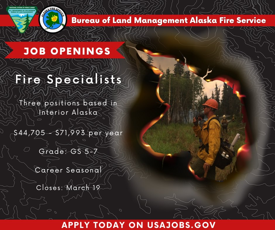 BLM AFS has 3 CS Fire Specialist positions based in Interior Alaska. If you're a wildland firefighter who’s looking for variety, this is the #FireJob for you!
🏚️Housing & dining facilities available.
📈GS 5 - 7
💵$44,705-$71,993
📝 Apply by March 19 👉 usajobs.gov/job/779928400