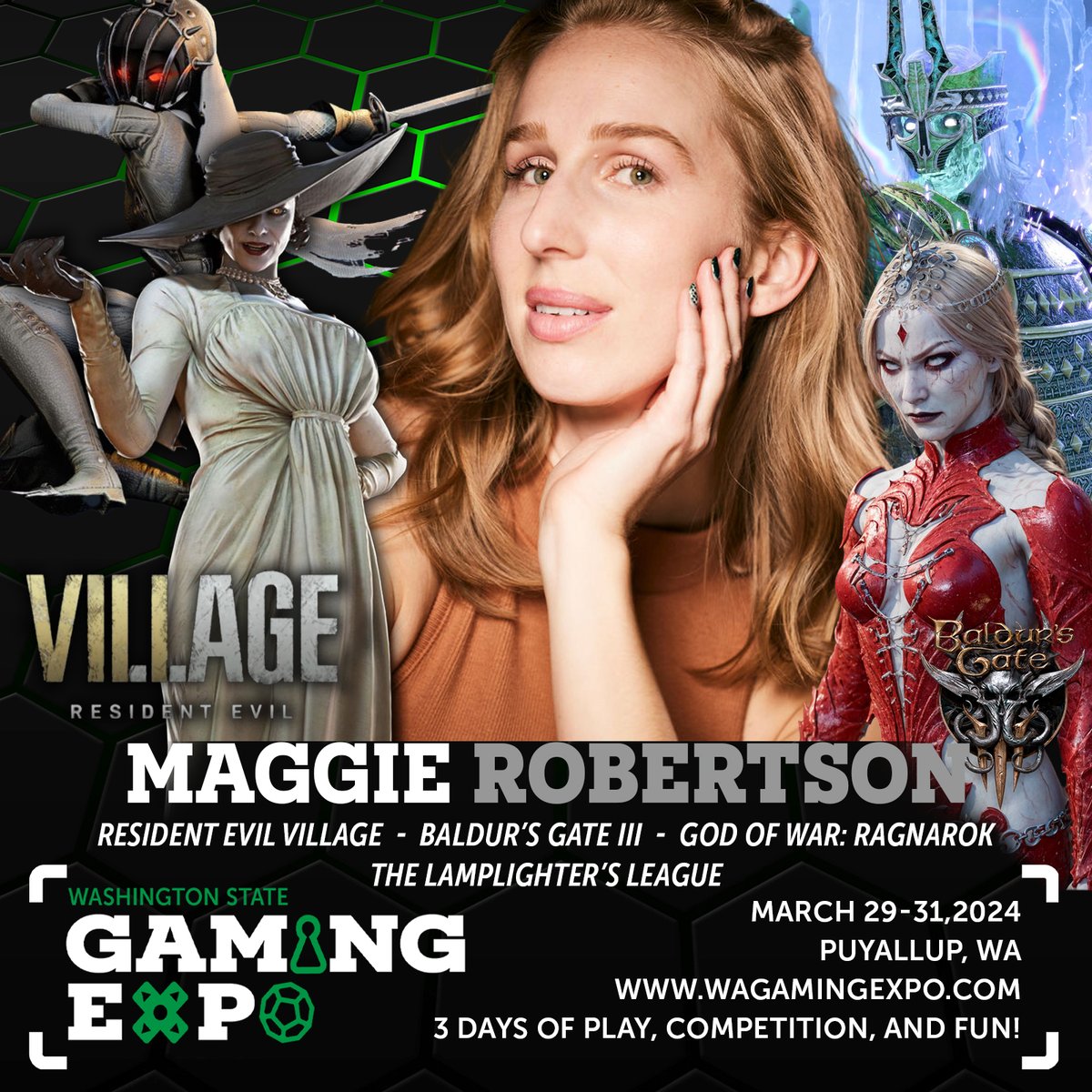 We wouldn't forget all of the Baldur's Gate 3 and Resident Evil fans. Please welcome Maggie Robertson to our first annual Washington State Gaming Expo in Puyallup on March 29-31, 2024. Tickets are on sale now: wagamingexpo.com