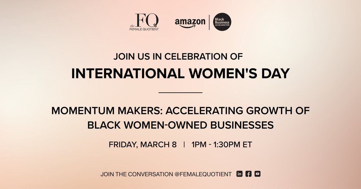 femalequotient's tweet photo. With nearly 2.7M businesses nationwide, Black women are the fastest-growing U.S. entrepreneurs. Join us this #IWD on March 8th for insights from Amazon’s Black Business Accelerator. RSVP: https://t.co/UsMQftKk8n
Advancing equality with @amazon @Sell_on_Amazon #AmazonBBA https://t.co/pviir1RlCn